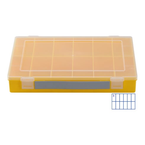 Boîte à assortiment PP CLASSIC, 12 compartiments 225x335x55 mm, jaune, avec poignée de transport