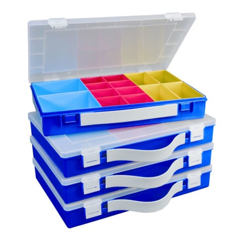 Boîte à assortiment PP PREMIUM, 0 casier de compartimentage avec poignée de transport, bleu, 225x335x55 mm