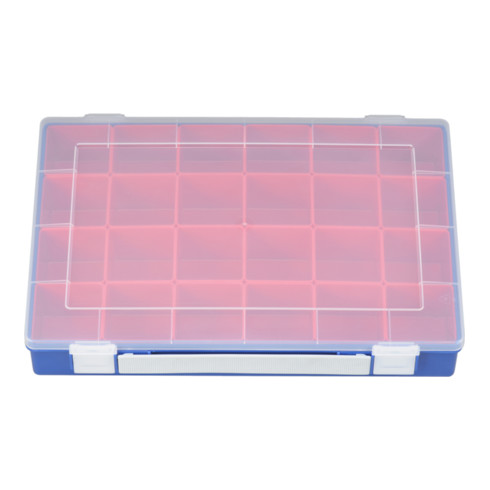 Boîte à assortiment PP PREMIUM, 24 casier de compartimentage avec poignée de transport, bleu, 225x335x55 mm