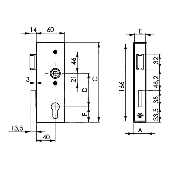 Boîtier de serrure AMF, étroit 141U, blk DIN L/R dimension A30xB60xC172mm distance tête/appuie-tête.40mm distance 72mm