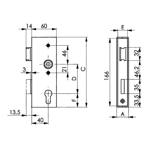 Boîtier de serrure AMF, étroit 141U, blk DIN L/R dimension A30xB60xC172mm distance tête/appuie-tête.40mm distance 72mm