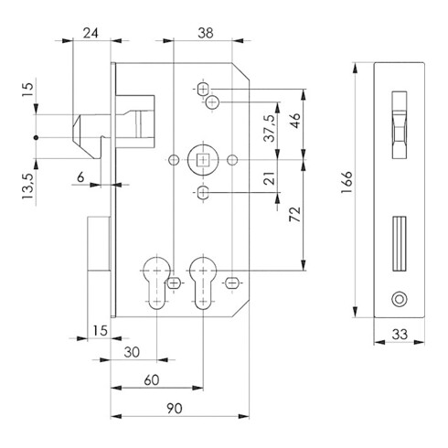 Boîtier de serrure de porte coulissante AMF 140S DIN L/R dimension A40xB94xC173mm distance tête/appuie-tête 60mm 72mm