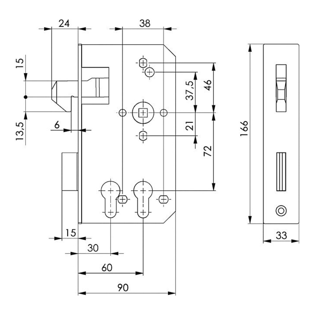 Boîtier de serrure de porte coulissante AMF 140S DIN L/R dimension A40xB94xC173mm distance tête/appuie-tête 60mm 72mm