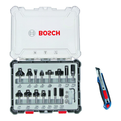 Bosch Fräser-Set, 15-teilig, inklusive gratis Cuttermesser