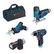 Bosch 4er-Werkzeug-Set 12V: Akku-Bohrschrauber GSR 12V-15 + Akku-Säbelsäge GSA 12V-14 + Akku-Stichsäge GST 12V-70 + Akku-Lampe GLI 12V-80 + 2 x GBA 12V 2.0Ah + GAL-1