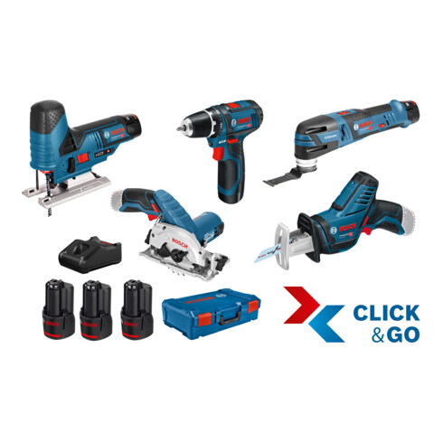 Bosch 5er Werkzeug-Set 12V: GSR + GST + GOP + GKS + GSA + 3x GBA 3,0Ah + GAL + XL-BOXX