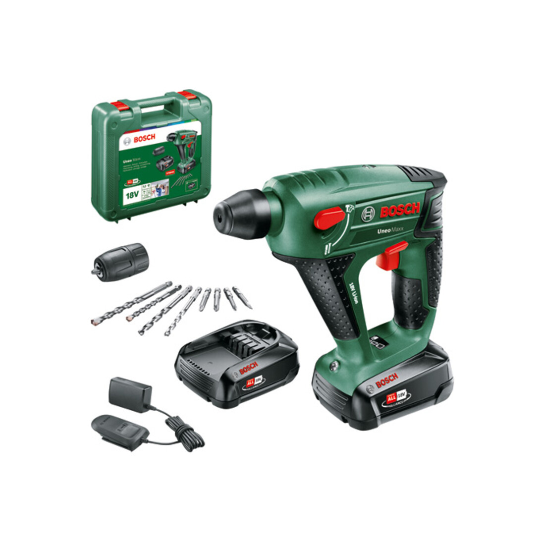 Bosch Akku-Bohrhammer Uneo Maxx, 2 Akku PBA 18V 2.0Ah W-B, Ladg. AL 18V-20 u. Koffer