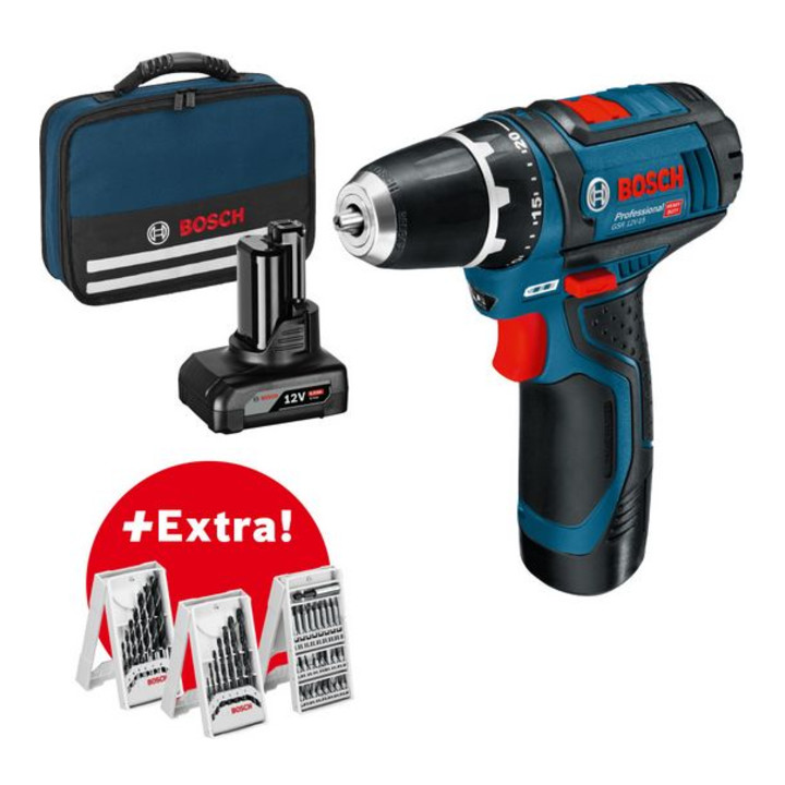 Set Bosch Akku-Bohrschrauber GSR 10,8-2-LI + 7tlg. Robust Line Holzspiralbohrer-Set + 7tlg. Robust Line Betonbohrer-Set