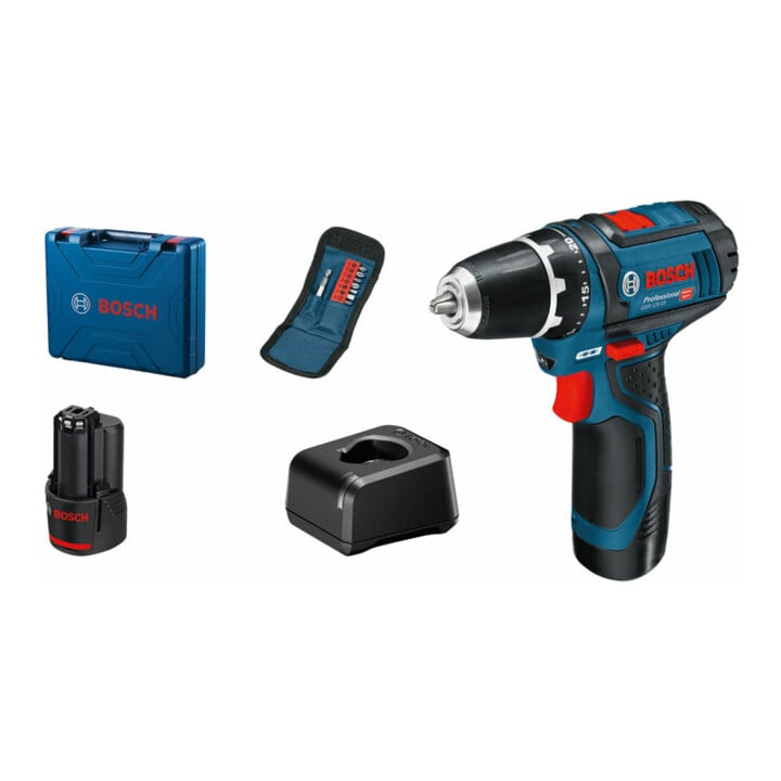 Set Bosch Akku-Bohrschrauber GSR 12V-15 + 7tlg. Robust Line Holzspiralbohrer-Set + 7tlg. Robust Line Betonbohrer-Set