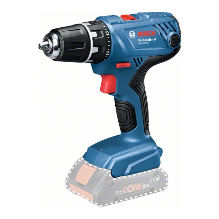 Set Bosch Akku-Bohrschrauber GSR 18V-21, Solo Version + Akkupack ProCORE 18 Volt, 4,0 Ah