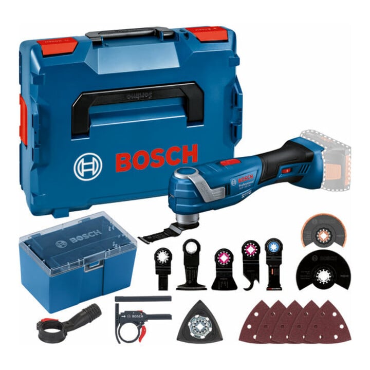 Set Bosch Akku-Multi-Cutter GOP 18V-34, Starlock Tauchsägeblätter+diverses Zubehör, L-BOXX + Starter-Set: 1x GBA 18V 2,0Ah + 1x GBA 18V 4,0Ah + GAL 18V-40