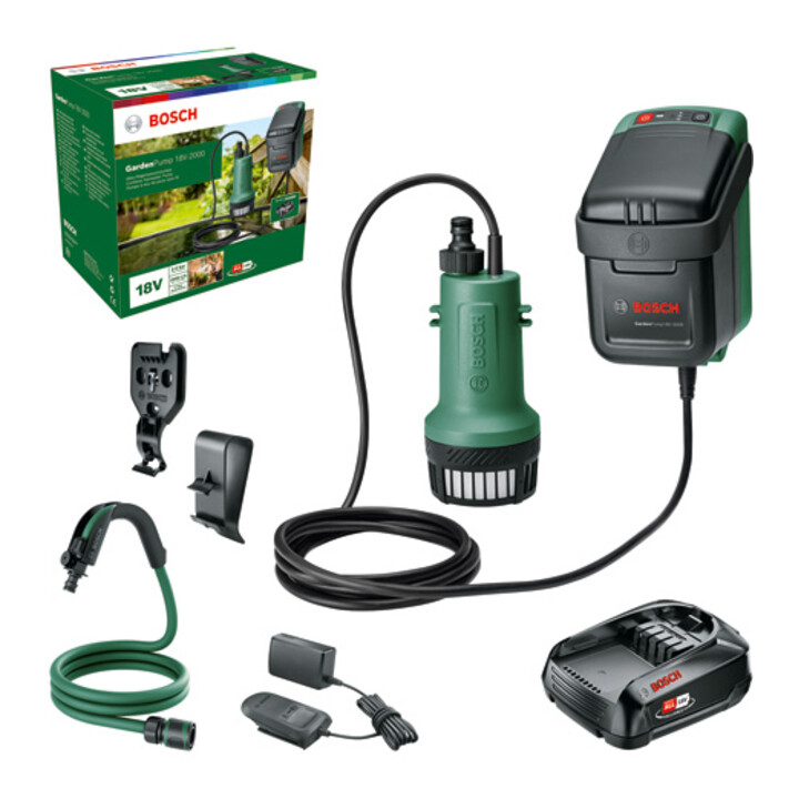 Bosch Akku-Regenwasserpumpen GardenPump 18V-2000: Akku 18V 2.5Ah, Ladegerät AL 1810 CV