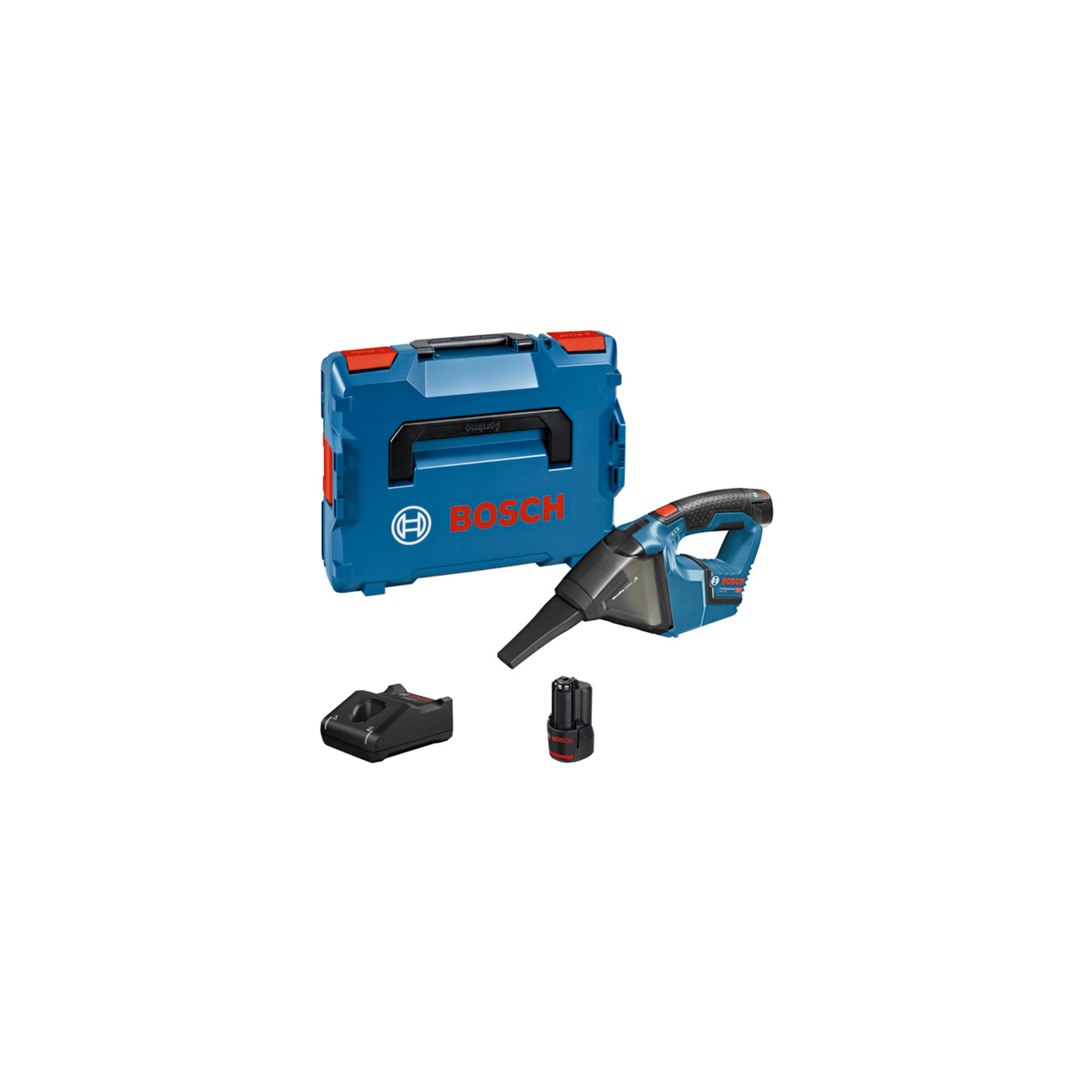 Bosch GAS 12V Akku-Sauger mit 2 x 3,0 Ah Li-Ion Akku L-BOXX aus Kunststoff und Metall mit Akku-Sauger, Akkus, Ladegerät und L-BOXX für Reinigung,