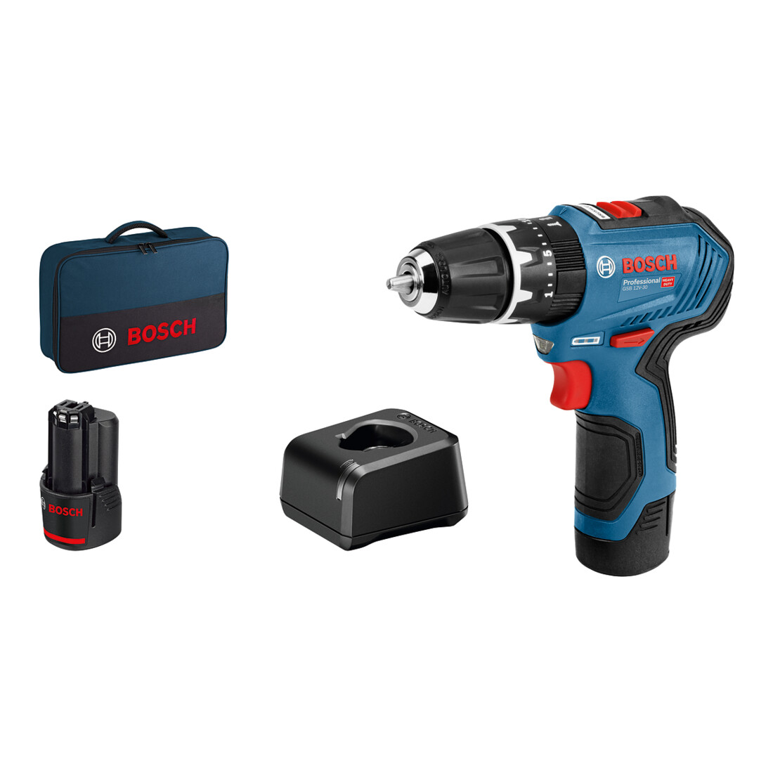 Bosch Akku-Schlagbohrmaschine GSB 12V-30 mit 2x2.0; Lagegerät GAL12V-20 und Tasche