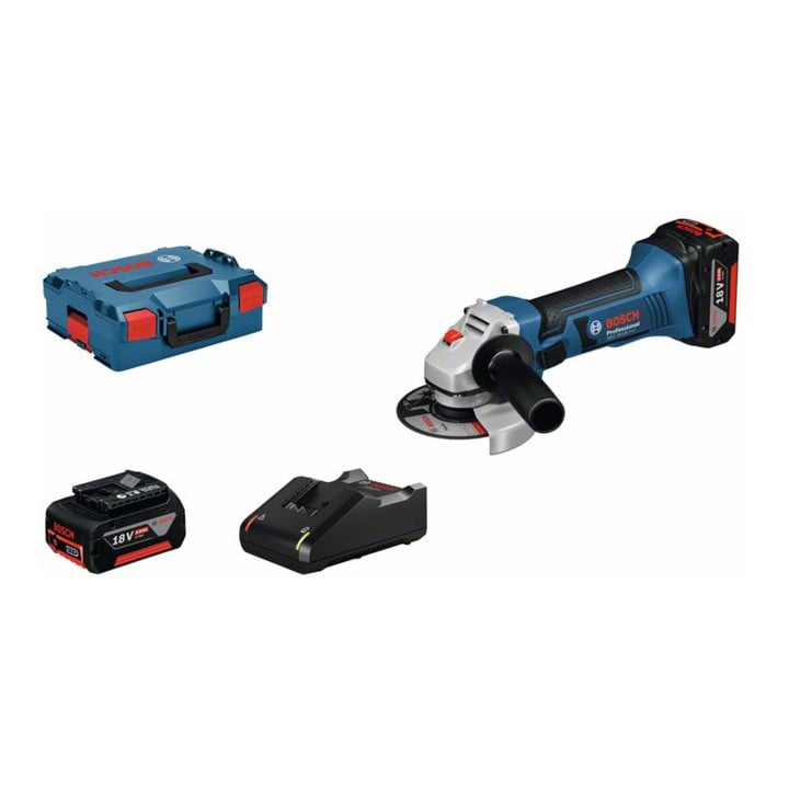 Bosch Akku-Winkelschleifer GWS 18-125 V-LI mit 2 x 4,0-Ah-Li-Ion-Akku und L-BOXX