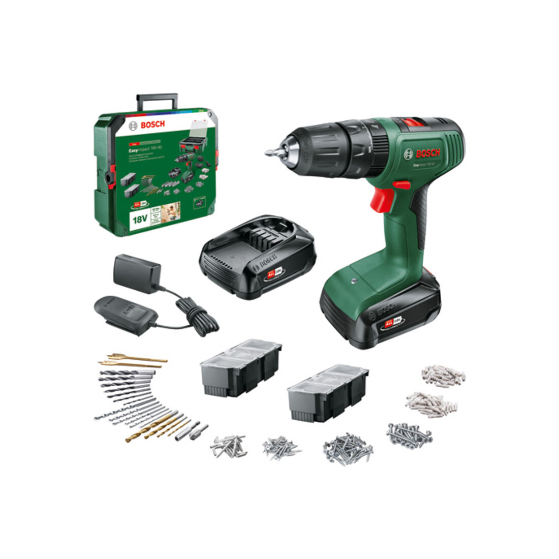 Bosch Akku-Zweigang-Schlagbohrschrauber EasyImpact 18V-40 + System-Box, 2x Akku PBA
