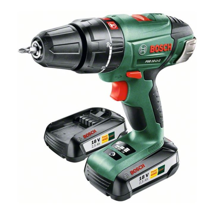 Bosch Akku-Zweigang-Schlagbohrschrauber PSB 18 LI-2, mit 2 x PBA 18V 2.5 Ah Akku