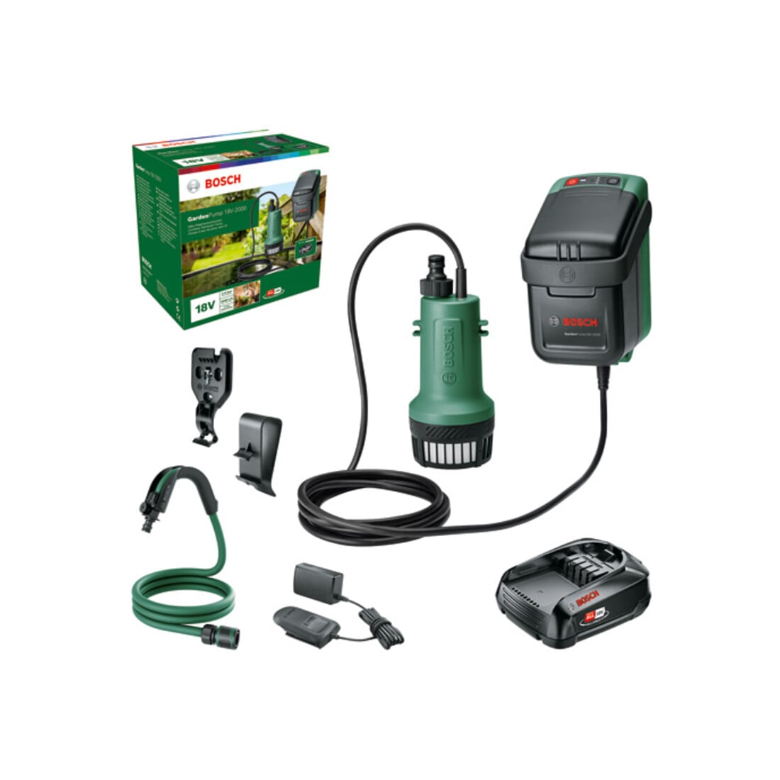 Bosch Batterij Regenwaterpomp GardenPump 18V-2000: Batterij 18V 2.5Ah, Lader AL 1810 CV