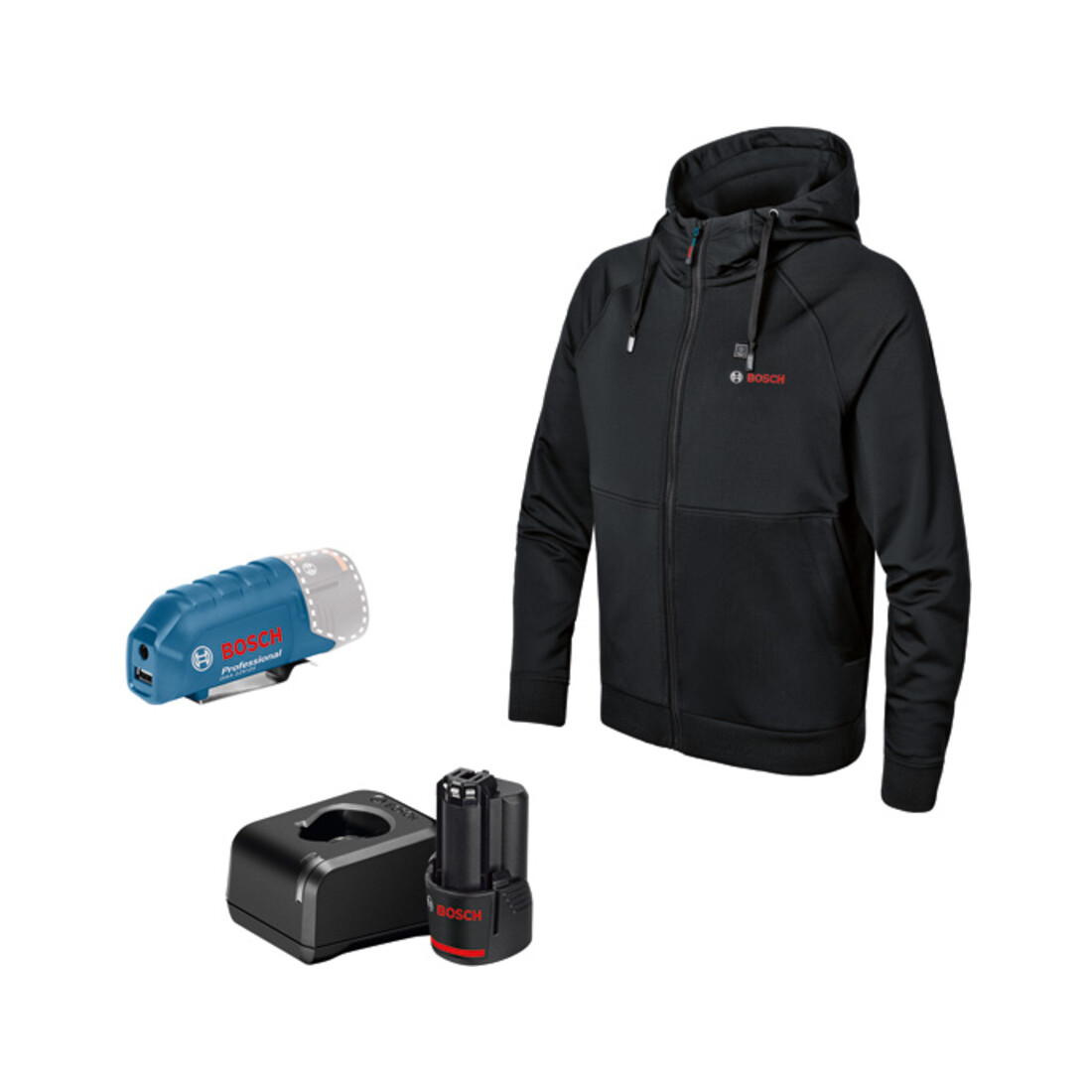 Bosch Beheizbare Kleidung GHH 12+18V XA: Akkuadapter, Ladegerät, 1x Akku, Gr. 2XL
