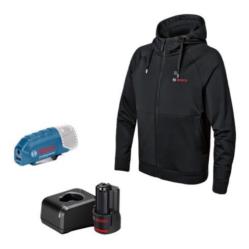 Bosch Beheizbare Kleidung GHH 12+18V XA: Akkuadapter, Ladegerät, 1x Akku, Gr. L