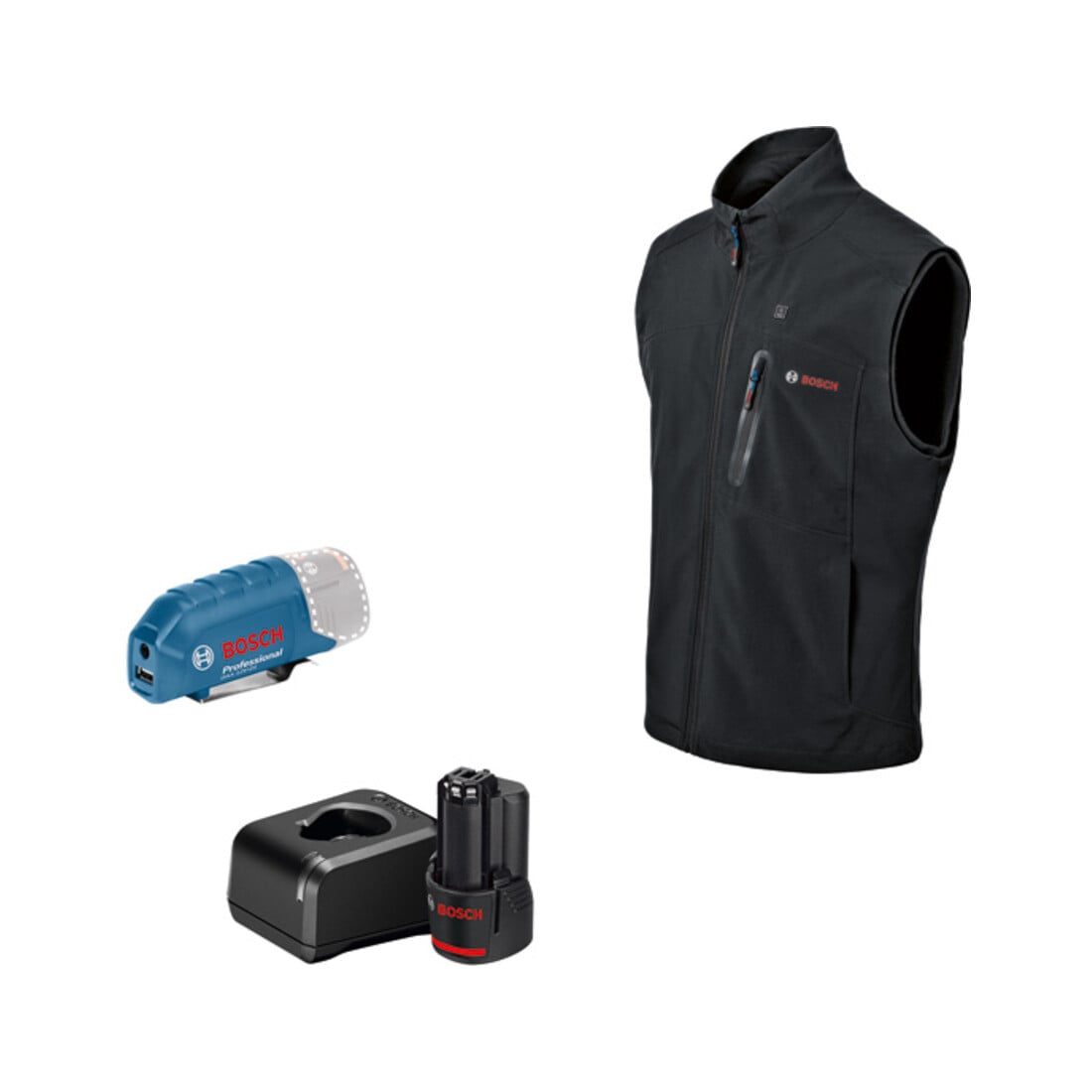 Bosch Beheizbare Kleidung GHV 12+18V XA: Akkuadapter, Ladegerät, 1x Akku, Gr. 3XL
