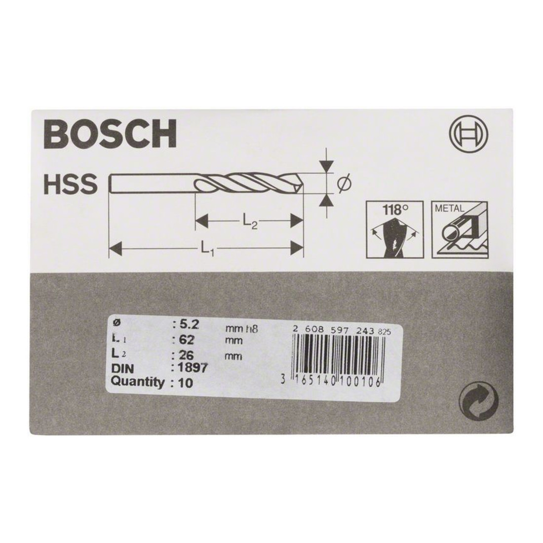 Bosch carrosserieboor HSS-R DIN 1897 5,2 x 26 x 62 mm