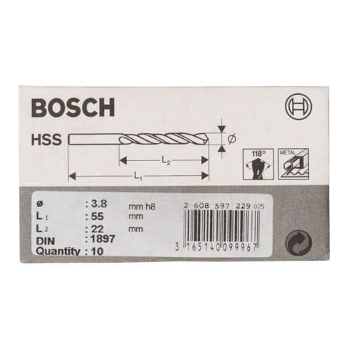 Bosch carrosserieboormachine HSS-R DIN 1897 3,8 x 22 x 55 mm