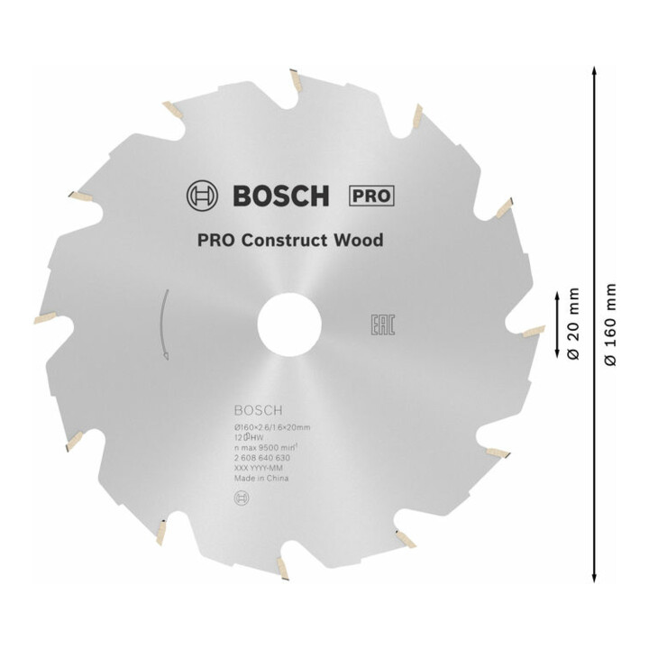 Bosch cirkelzaagblad Construct Wood 160 x 20/16 x 2,6 mm 12
