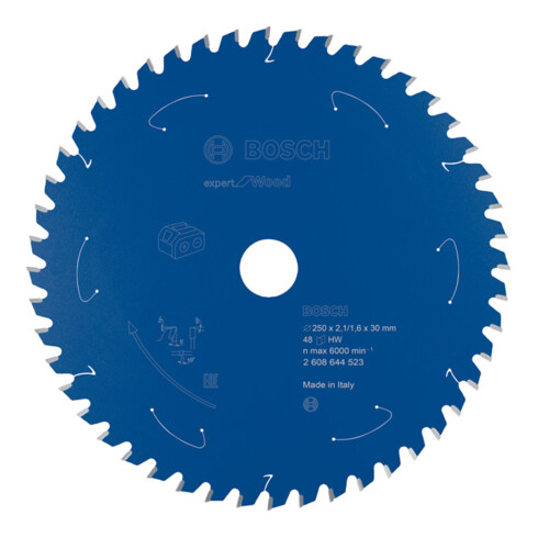 Bosch cirkelzaagblad Expert for Wood voor accuzagen 250 x 2,1/1,6 x 30 48 tanden