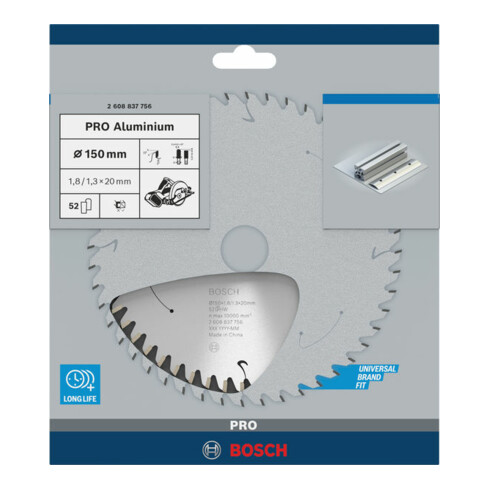 Bosch cirkelzaagblad Standard for Aluminium voor accuzagen 150x1,8/1,3x20, 52 tanden