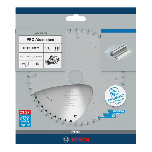 Bosch cirkelzaagblad Standard for Aluminium voor accuzagen 160x1,8/1,3x20, 52 tanden