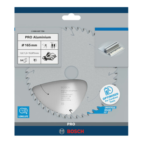 Bosch cirkelzaagblad Standard for Aluminium voor accuzagen 165x1,8/1,3x15,875, 54 tanden