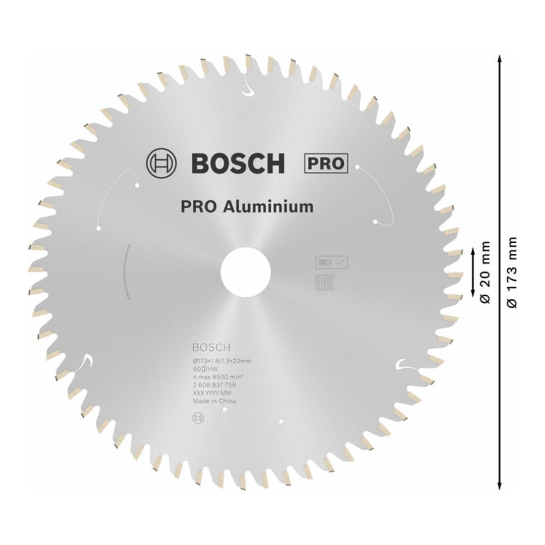 Bosch cirkelzaagblad Standard for Aluminium voor accuzagen 173x1,8/1,3x20, 60 tanden