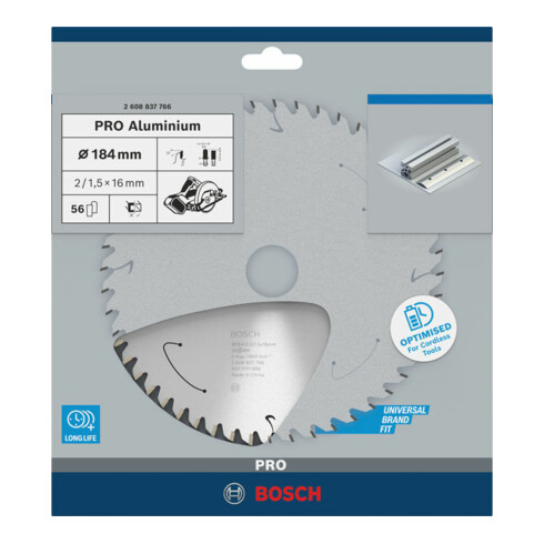 Bosch cirkelzaagblad Standard for Aluminium voor accuzagen 184x2/1,5x16, 56 tanden