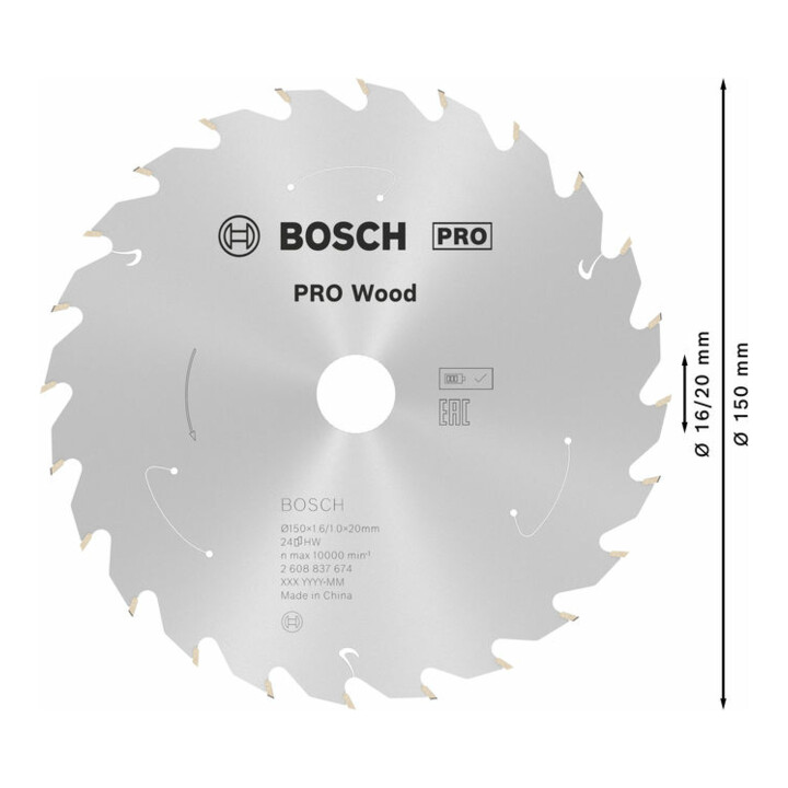 Bosch cirkelzaagblad Standard for Wood voor accuzagen 150x1,6/1x20, 24 tanden