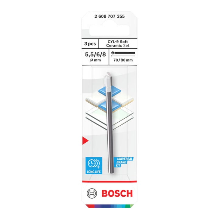 Bosch CYL-9 Soft Ceramic Bohrer-Set, 5,5 x 70; 6 x 80; 8 x 80 mm, 3-tlg.