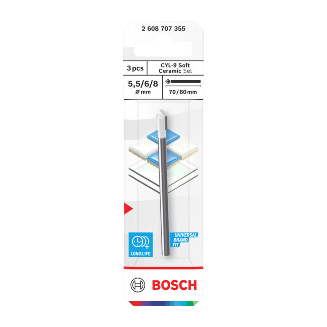 Bosch CYL-9 Soft Ceramic Bohrer-Set, 5,5 x 70; 6 x 80; 8 x 80 mm, 3-tlg.