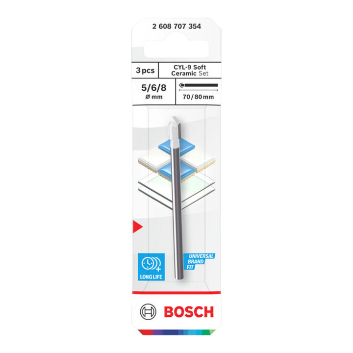 Bosch CYL-9 Soft Ceramic Bohrer-Set, 5 x 70; 6 x 80; 8 x 80 mm, 3-tlg.