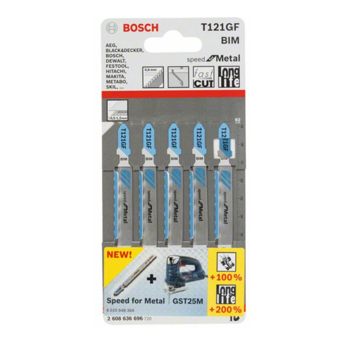 Bosch decoupeerzaagblad T 121 GF, Speed for Metal, plaat