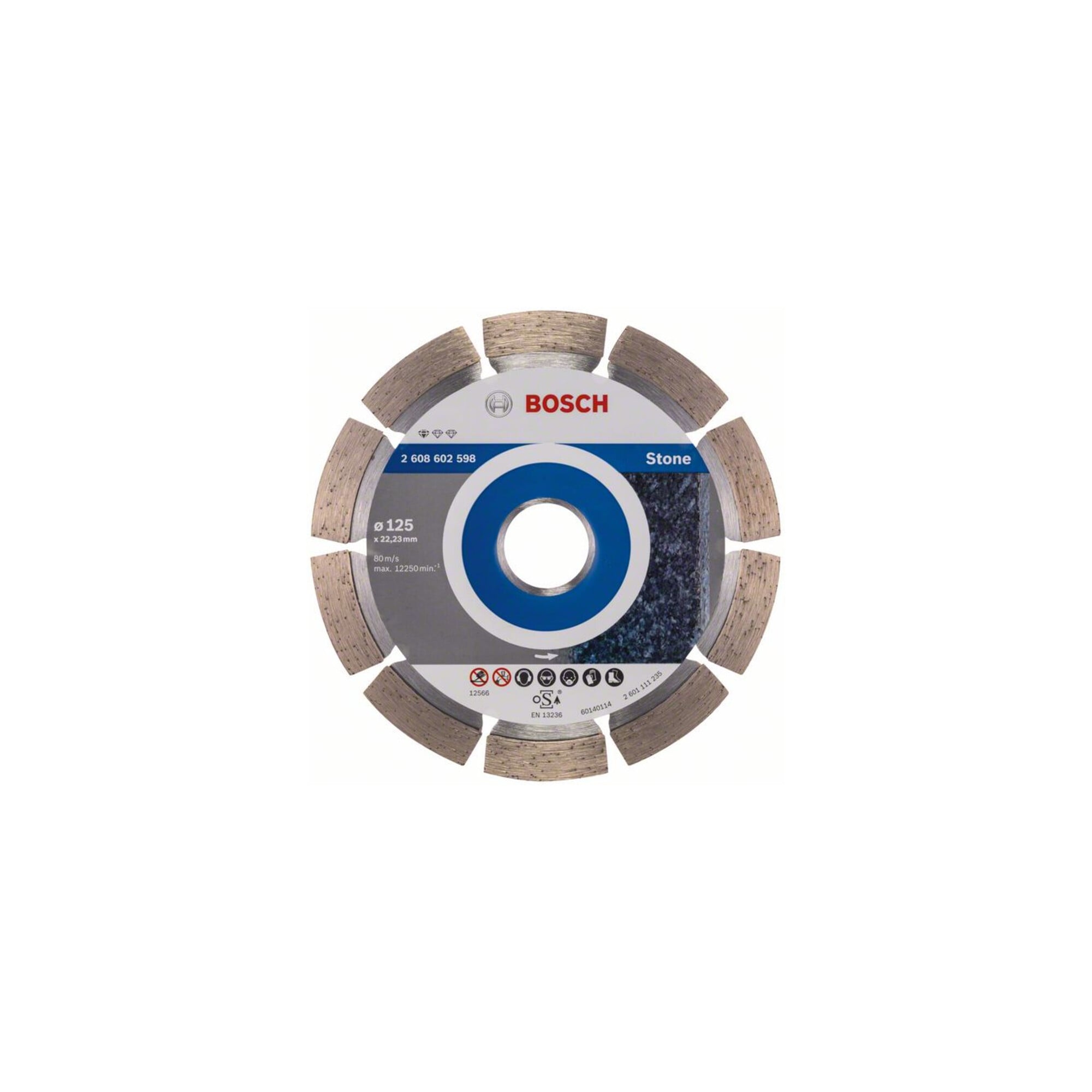 Bosch Diamanttrennscheibe Standard for Stone 125 x 22,23 x 1,6 x 10 mm aus Stahl mit Diamanttrennscheibe für Stein, 2608602598