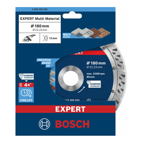 Bosch Disco da taglio diamantati EXPERT MultiMaterial 180x22,23x2,4x12mm, per smerigliatrici angolari grandi con dado di serraggio