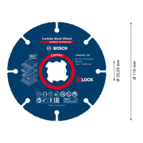 Bosch Disco da taglio EXPERT Carbide Multi Wheel X-LOCK 115mm 22,23mm, per smerigliatrici angolari con X-LOCK e dado di serraggio