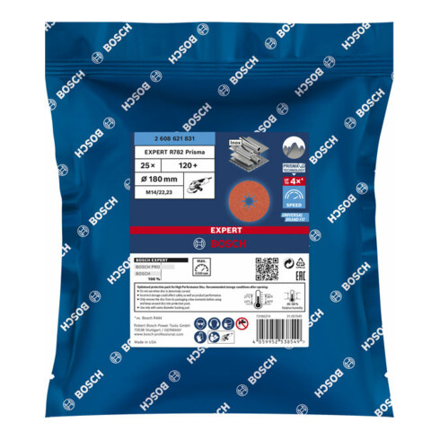 Bosch Disco in fibra EXPERT R782 Prisma Ceramic 180mm 22,23mm G 120, per smerigliatrici angolari con X-LOCK e dado di serraggio