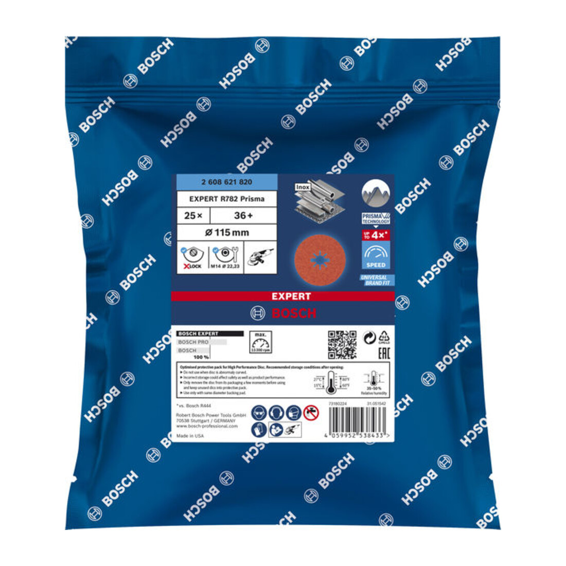 Bosch Disco in fibra EXPERT R782 Prisma Ceramic X-LOCK, 115mm, 22,23mm, G 36
