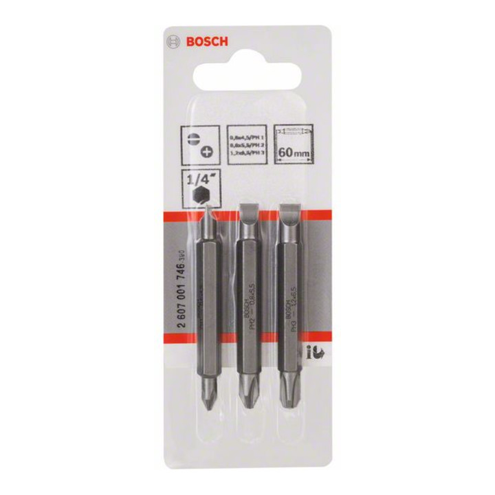 Bosch dubbelbaard bit set 3-delig S0.6x4.5 PH1 S0.8x5.5 PH2 S1.2x6.5 PH3.60mm