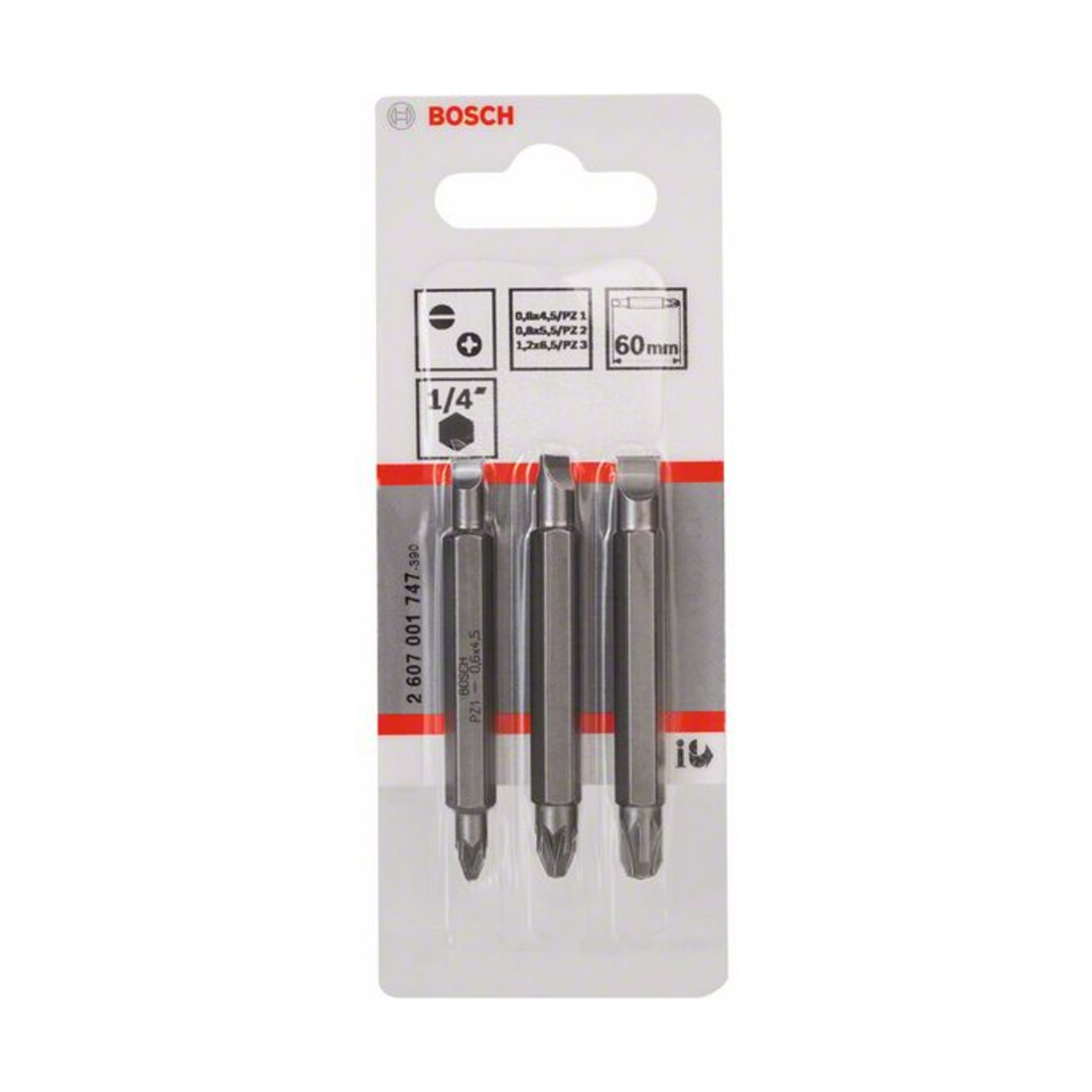 Bosch dubbelbaard bit set 3-delig S0.6x4.5 PZ1 S0.8x5.5 PZ2 S1.2x6.5 PZ3.60mm