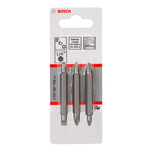 Bosch dubbelbaardbitset 3-delig PH1 PZ1 S 0,6x4,5 PH2 PZ2 S1,0x5,5 60 mm