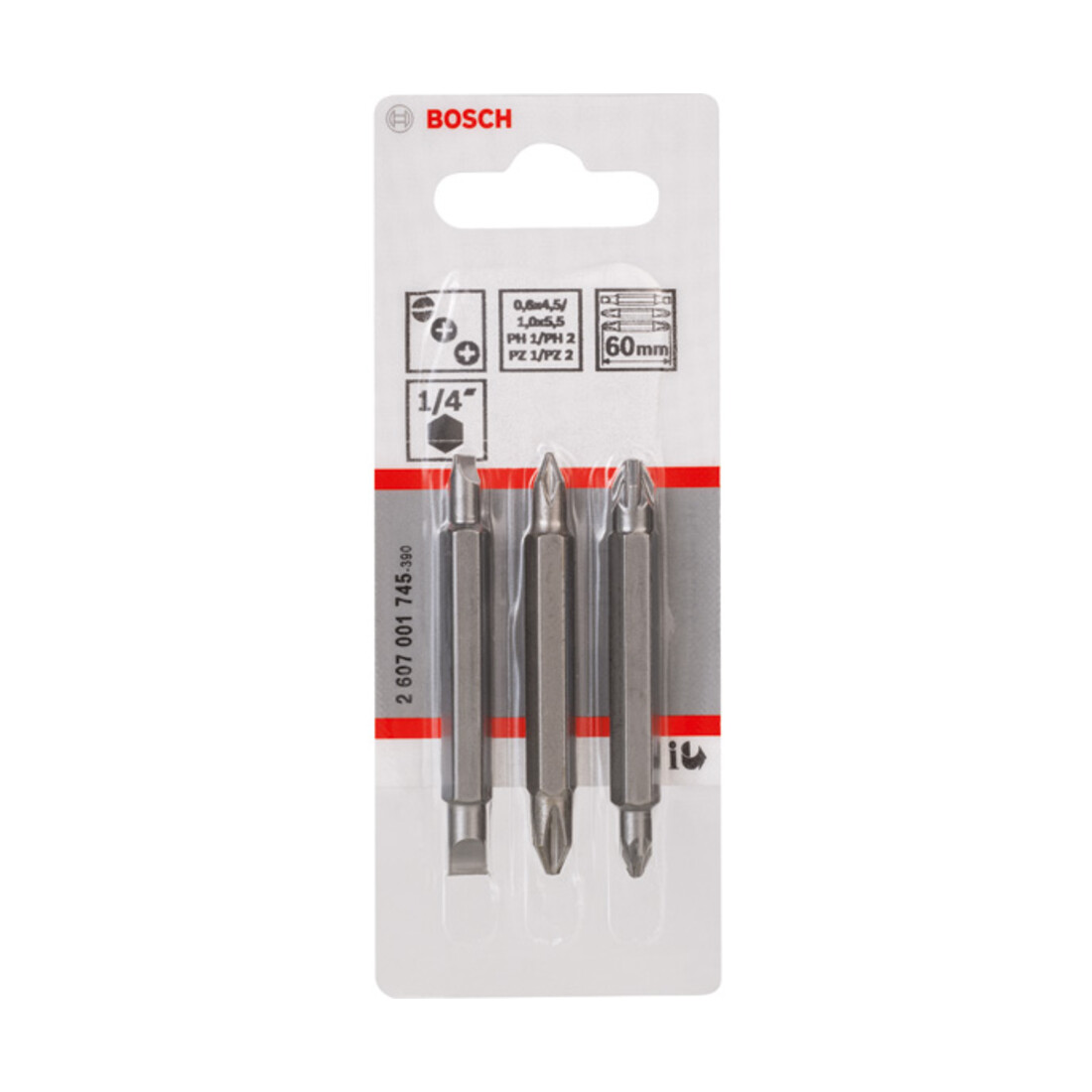 Bosch dubbelbaardbitset 3-delig PH1 PZ1 S 0,6x4,5 PH2 PZ2 S1,0x5,5 60 mm