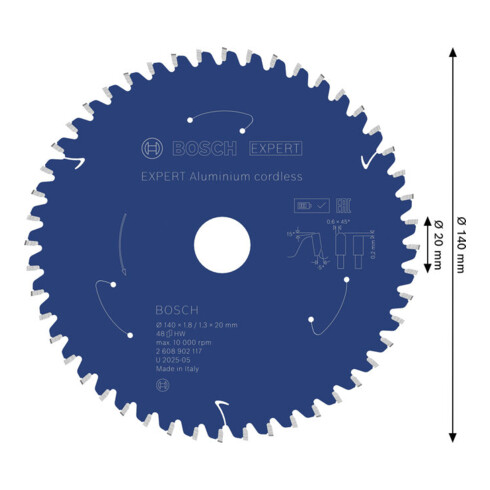 Bosch EXPERT Aluminium cirkelzaagblad, 140x20 mm, Z48