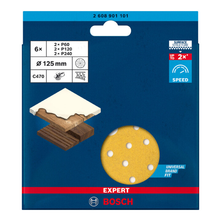 Bosch Expert C470 Papier abrasif pour ponceuse orbitale aléatoire, 125 mm, multi-trous, G 60/120/240